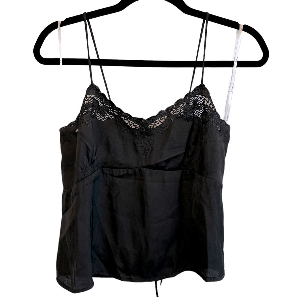 NWT Lulu’s Women Black Silky Satin Scalloped Lace Trim Tank Top - S